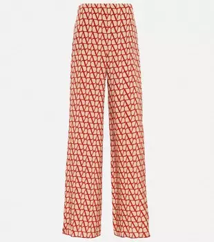 Широкие шелковые брюки с принтом VLogo VALENTINO, бежевый