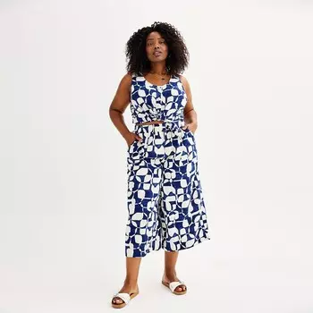 Широкие струящиеся укороченные брюки с геометрическим принтом Sonoma Goods For Life больших размеров, цвет Deep Navy Geo