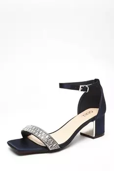 Широкие темно-синие атласные босоножки со стразами на низком каблуке QUIZ Clothing