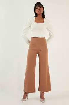 Широкие тканевые брюки с высокой талией на молнии 6476004 Lela, коричневый