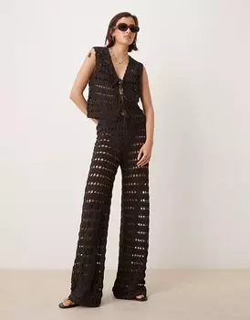 Широкие трикотажные брюки шоколадного цвета с ажурной отделкой и фестончатым узором от ASOS DESIGN