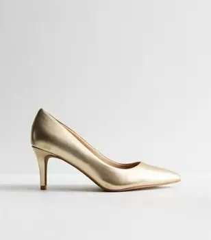 Широкие туфли-лодочки золотого цвета с эффектом металлик на шпильке New Look, золотой