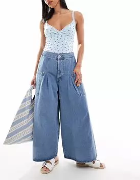 Широкие укороченные джинсы ASOS DESIGN с карманами, светло-синяя отделка