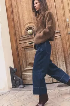 Широкие укороченные джинсы с высокой талией ZARA, синий