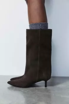 Широкие замшевые ботинки ZARA, коричневый