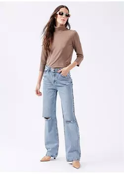 Широкие женские джинсовые брюки светло-синего цвета с высокой талией и широкими штанинами Fabrika