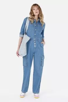 Широкий джинсовый комбинезон с карманами с клапанами COLIN'S, пыльно-синий