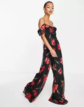 Широкий комбинезон с драпировкой и цветочным принтом ASOS DESIGN