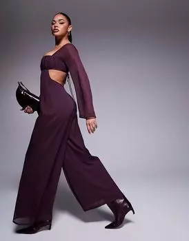 Широкий комбинезон с корсетом из атласа ASOS DESIGN с вырезом в ягодном цвете
