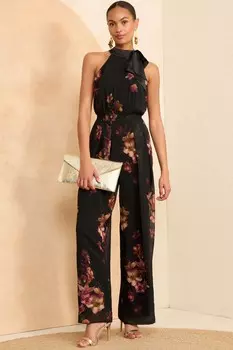 Широкий комбинезон с лямкой через шею и поясом Love & Roses, черный