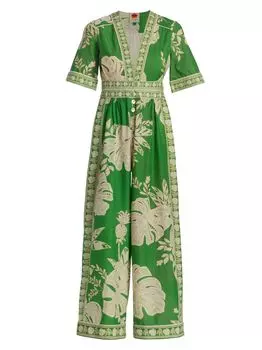 Широкий комбинезон с пальмовыми пуговицами Farm Rio, зеленый