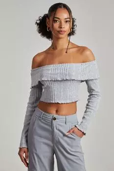 Широкий топ с открытыми плечами в рубчик с начесом Pink Vanilla, серый