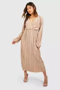 Широкое плиссированное платье мидакси с запахом boohoo, бежевый