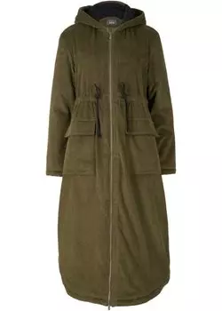 Широкое вельветовое пальто с флисовым капюшоном тедди кулиской и большими карманами Bpc Bonprix Collection, зеленый