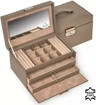 Шкатулка для украшений Sacher "Elly, 25.107.565943", производство Германия, тонкая итальянская натуральная кожа, мягкая на ощупь 22х14х11,5 см, цвет taupe-beige-beige