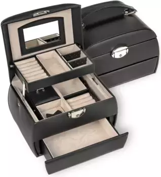 Шкатулка для украшений Sacher "Selina, для хранения украшений, различные цвета, переносная, запираемая", (нет), благородная, мягкая на ощупь имитация наппы 14,5х18,5х21 см, цвет schwarz-hellbeige