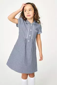 Школьное платье Vichy в клетку с кружевом и застежкой на пуговицы спереди Next, синий