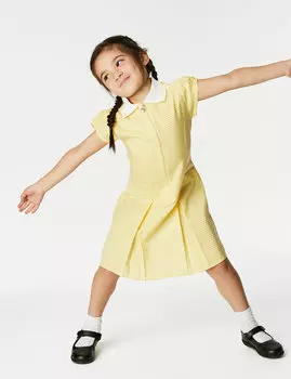 Школьное платье в мелкую клетку со складками для девочек (2–14 лет) Marks & Spencer, желтый