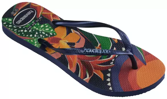 Шлепанцы Havaianas "SLIM TROPICAL", летние туфли, тапочки, туфли для бассейна с летним тропическим принтом, синий