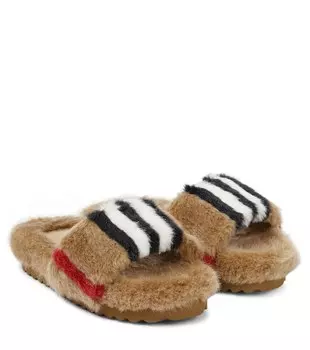 Шлепанцы Icon Stripe из искусственного меха Burberry, коричневый