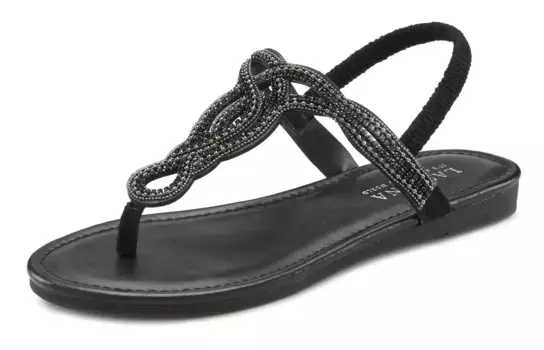 Шлепанцы LASCANA "сандалии, мюли", босоножки с драгоценными камнями в блестящем исполнении VEGAN, черный