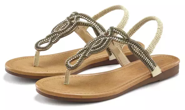 Шлепанцы LASCANA "сандалии, мюли", босоножки с драгоценными камнями в блестящем исполнении VEGAN, бежевый