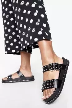 Шлепанцы широкого кроя с заклепками и двойным ремешком boohoo, черный
