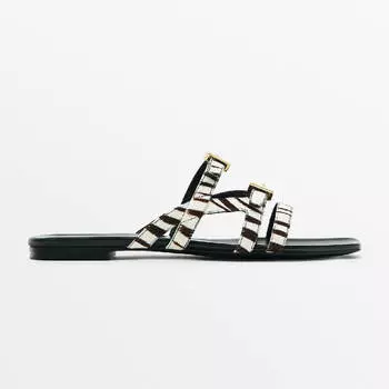 Шлепки Massimo Dutti Leather Strappy Flat Slider, черный/белый