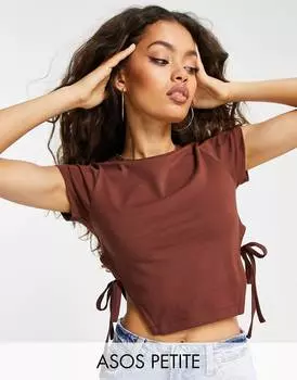 Шоколадная футболка с короткими рукавами и завязками по бокам ASOS DESIGN Petite