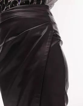 Шоколадная кожаная юбка-карандаш с защипами по бокам Topshop