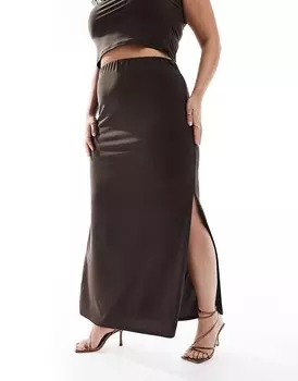 Шоколадная облегающая юбка миди с боковыми разрезами ASOS DESIGN Curve, входит в комплект