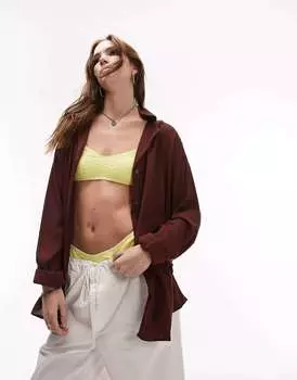 Шоколадно-коричневая пляжная рубашка оверсайз в мятую клетку Topshop