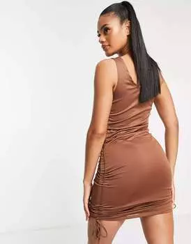 Шоколадно-коричневое мини-платье с потертыми сборками и завязками по бокам Threadbare