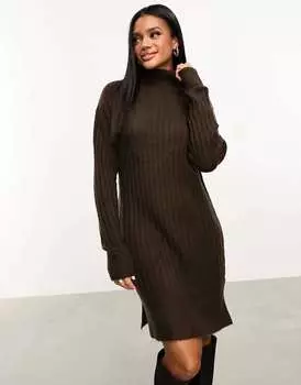 Шоколадно-коричневое мини-платье в рубчик в рубчик с высоким воротником и потертостями Naveah Threadbare