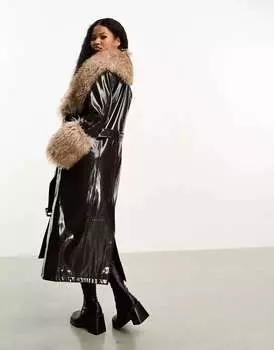 Шоколадно-коричневый виниловый тренч с отделкой борг Urbancode Petite Urban Code