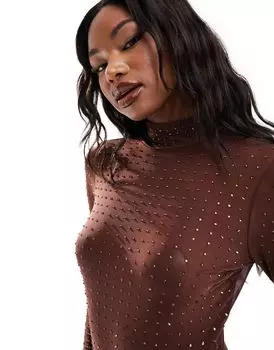 Шоколадное боди из сетки с кристаллами и заклепками ASOS DESIGN Hotfix Hotfix