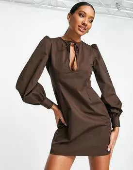 Шоколадное мини-платье из твила с вырезом \"капля\" ASOS DESIGN