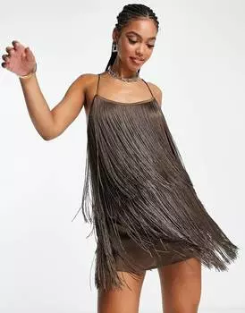 Шоколадное мини-платье с бахромой ASOS DESIGN