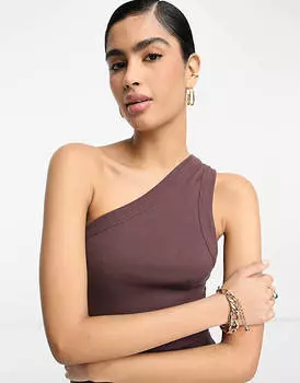 Шоколадное облегающее платье миди на одно плечо ASOS DESIGN