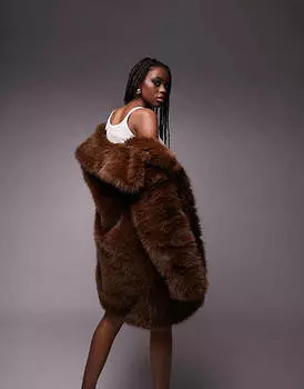 Шоколадное пальто из искусственного меха Topshop Tall