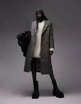 Шоколадное пальто с узором \"елочка\" Topshop