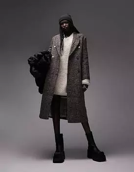 Шоколадное пальто Topshop с узором «елочка»