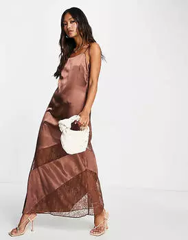 Шоколадное платье-комбинация миди с кружевными вставками Topshop