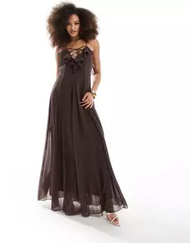 Шоколадное платье макси на шнуровке с рюшами и годе ASOS DESIGN