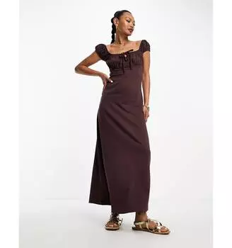 Шоколадное платье миди с короткими рукавами и сборками и завязками ASOS DESIGN