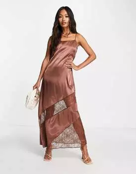 Шоколадное платье миди с кружевными вставками и бретелями Topshop
