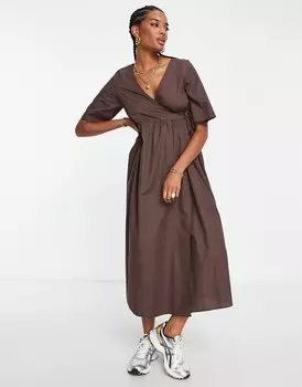 Шоколадное платье миди с запахом ASOS DESIGN