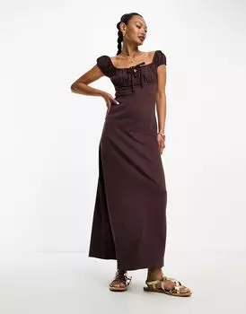 Шоколадное платье миди со сборками, с короткими рукавами и завязками ASOS DESIGN