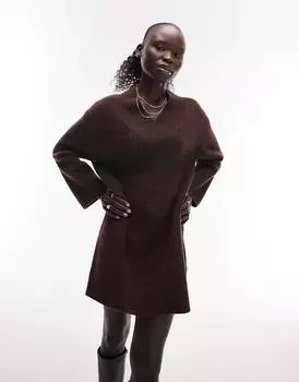 Шоколадное трикотажное платье мини с v-образным вырезом Topshop Petite