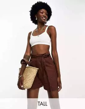 Шоколадные шорты из смесового льна с завязкой на талии Influence Influence